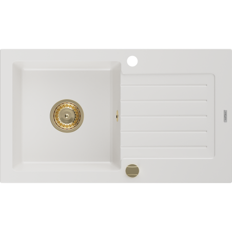Mexen Pablo évier en granit 1 bac avec égouttoir 752 x 436 mm, blanc, siphon doré - 6510751010-20-G