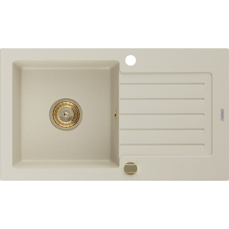 Mexen Pablo évier en granit à 1 bac avec égouttoir 752 x 436 mm, beige, siphon doré - 6510751010-69-G