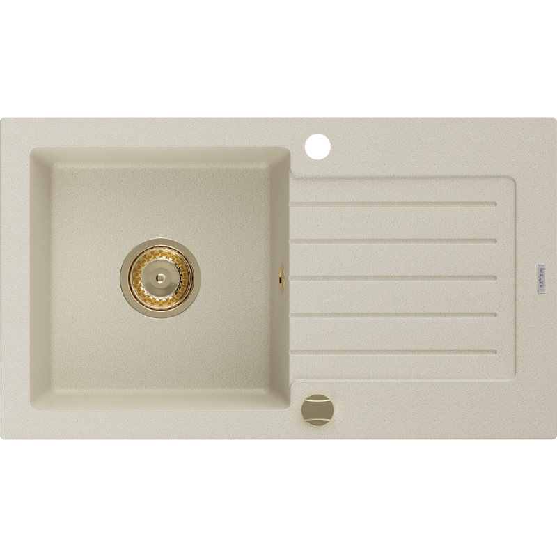 Mexen Pablo évier en granit à 1 cuve avec égouttoir 752 x 436 mm, Beige, siphon Or - 6510751010-69-G
