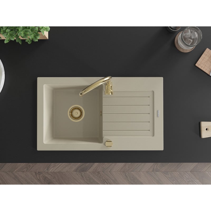 Mexen Pablo évier en granit 1 bac avec égouttoir 752 x 436 mm, beige, siphon doré - 6510751010-69-G