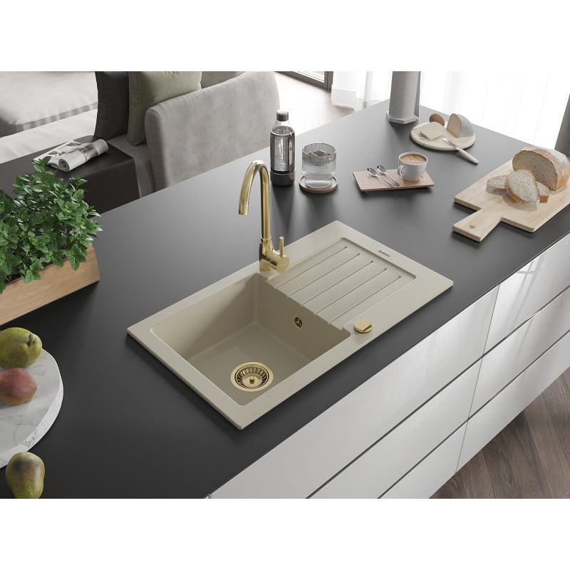 Mexen Pablo évier en granit 1 bac avec égouttoir 752 x 436 mm, beige, siphon doré - 6510751010-69-G