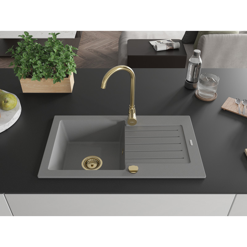 Mexen Pablo évier en granit 1 bac avec égouttoir 752 x 436 mm, gris, siphon doré - 6510751010-71-G
