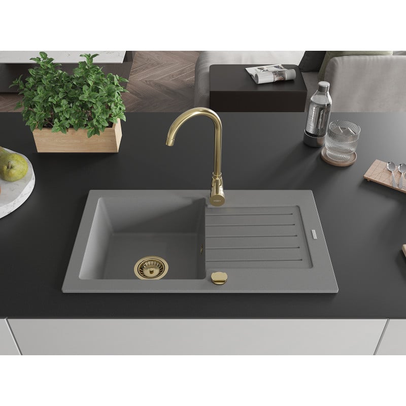 Mexen Pablo évier en granit 1 bol avec égouttoir 752 x 436 mm, gris, siphon doré - 6510751010-71-G