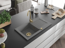 Mexen Pablo évier en granit 1 bac avec égouttoir 752 x 436 mm, gris, siphon doré - 6510751010-71-G