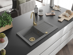Mexen Pablo évier en granit à 1 cuve avec égouttoir 752 x 436 mm, Gris, siphon Or - 6510751010-71-G