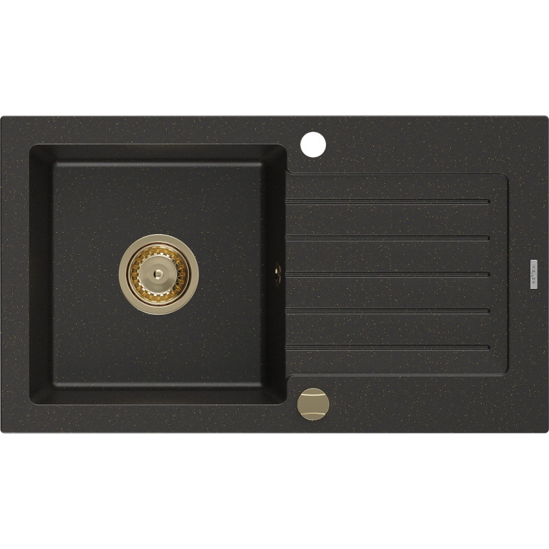 Mexen Pablo évier en granit 1 bac avec égouttoir 752 x 436 mm, noir/doré métallique, siphon doré - 6510751010-75-G