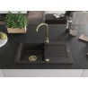 Mexen Pablo évier en granit 1 bac avec égouttoir 752 x 436 mm, noir/doré métallisé, siphon doré - 6510751010-75-G