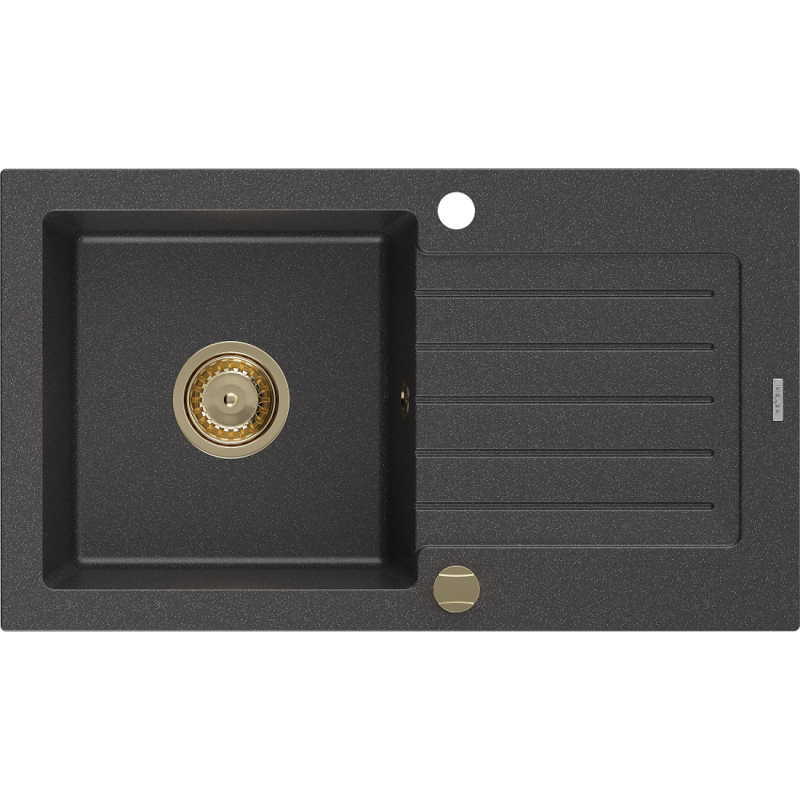 Mexen Pablo évier de cuisine en granit 1 bac avec égouttoir 752 x 436 mm, noir moucheté, siphon doré - 6510751010-76-G