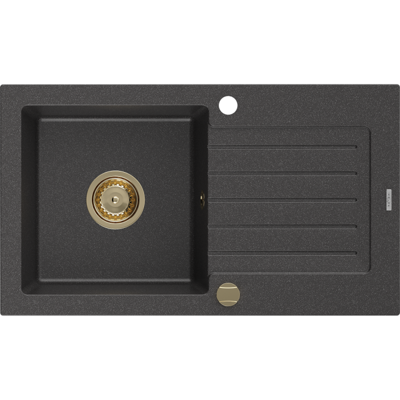 Mexen Pablo évier en granit 1 bac avec égouttoir 752 x 436 mm, noir moucheté, siphon doré - 6510751010-76-G