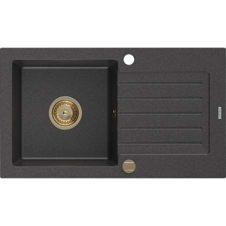 Mexen Pablo évier en granit 1 bac avec égouttoir 752 x 436 mm, noir moucheté, siphon doré - 6510751010-76-G