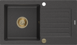 Mexen Pablo évier de cuisine en granit 1 bac avec égouttoir 752 x 436 mm, noir moucheté, siphon doré - 6510751010-76-G