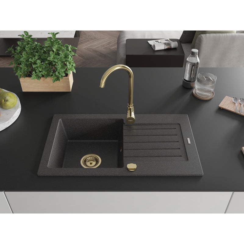 Mexen Pablo évier de cuisine en granit 1 bac avec égouttoir 752 x 436 mm, noir moucheté, siphon doré - 6510751010-76-G
