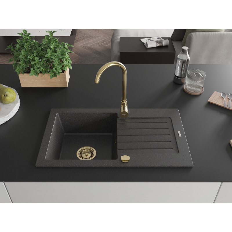 Mexen Pablo évier en granit 1 bac avec égouttoir 752 x 436 mm, noir moucheté, siphon doré - 6510751010-76-G