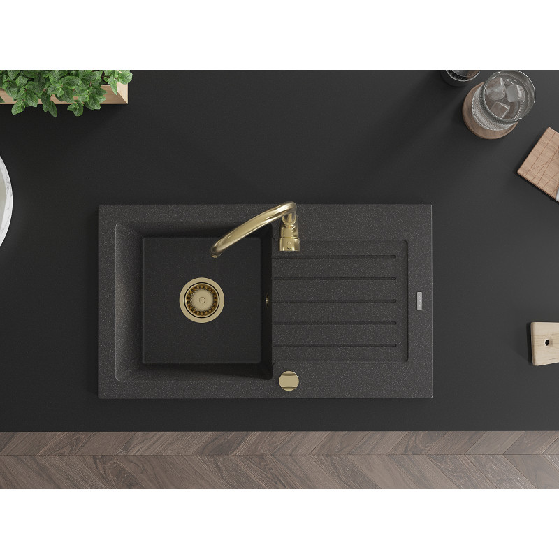 Mexen Pablo évier en granit 1 bac avec égouttoir 752 x 436 mm, noir moucheté, siphon doré - 6510751010-76-G