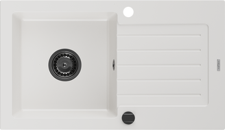 Mexen Pablo évier en granit 1 bac avec égouttoir 752 x 436 mm, blanc, siphon noir - 6510751010-20-B