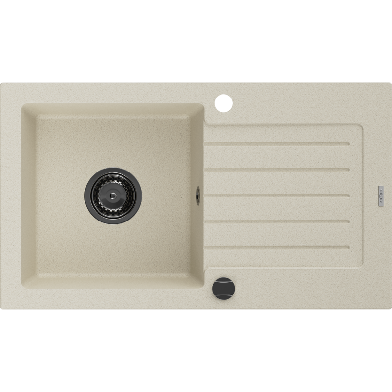 Mexen Pablo évier en granit à 1 bac avec égouttoir 752 x 436 mm, beige, siphon noir - 6510751010-69-B