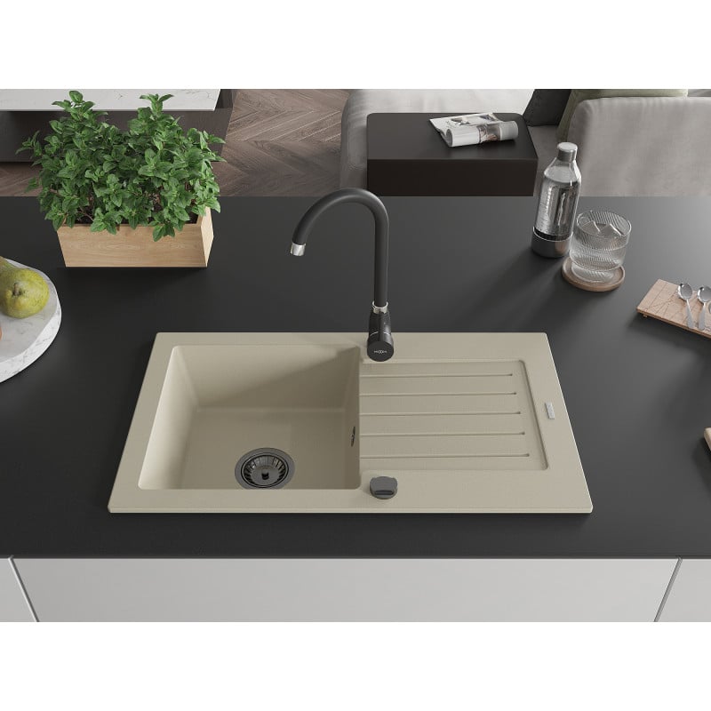 Mexen Pablo évier en granit 1-cuve avec égouttoir 752 x 436 mm, beige, siphon noir - 6510751010-69-B