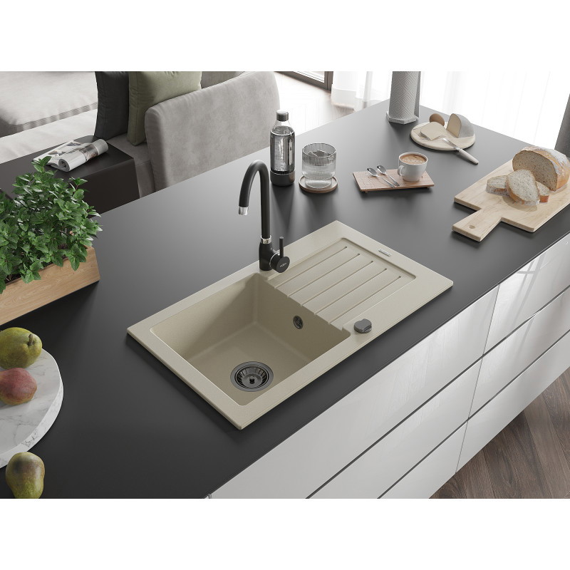 Mexen Pablo évier en granit à 1 bac avec égouttoir 752 x 436 mm, beige, siphon noir - 6510751010-69-B