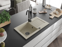 Mexen Pablo évier en granit à 1 cuve avec égouttoir 752 x 436 mm, Beige, siphon Noir - 6510751010-69-B