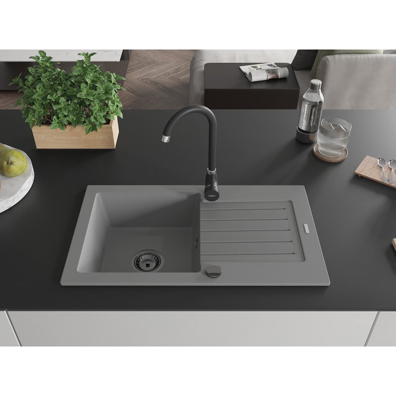 Mexen Pablo évier en granit 1 bac avec égouttoir 752 x 436 mm, gris, siphon noir - 6510751010-71-B