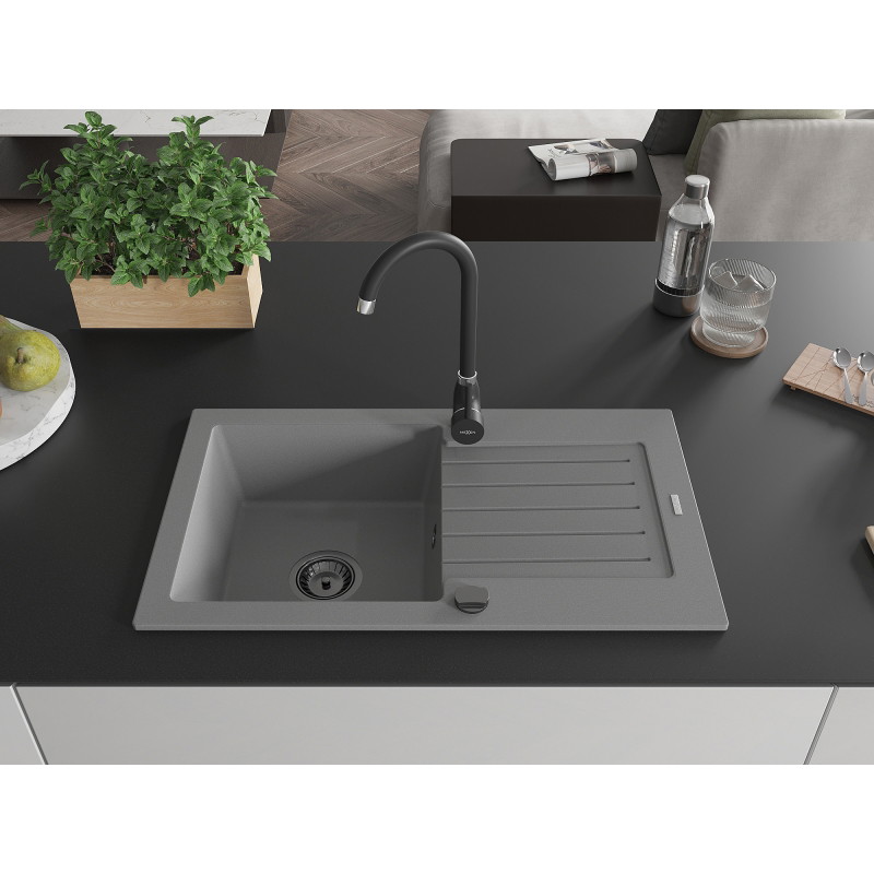Mexen Pablo évier en granit à 1 cuve avec égouttoir 752 x 436 mm, gris, siphon noir - 6510751010-71-B