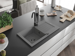 Mexen Pablo évier en granit à 1 cuve avec égouttoir 752 x 436 mm, Gris, siphon Noir - 6510751010-71-B