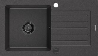 Mexen Pablo évier en granit 1 bac avec égouttoir 752 x 436 mm, noir moucheté, siphon noir - 6510751010-76-B