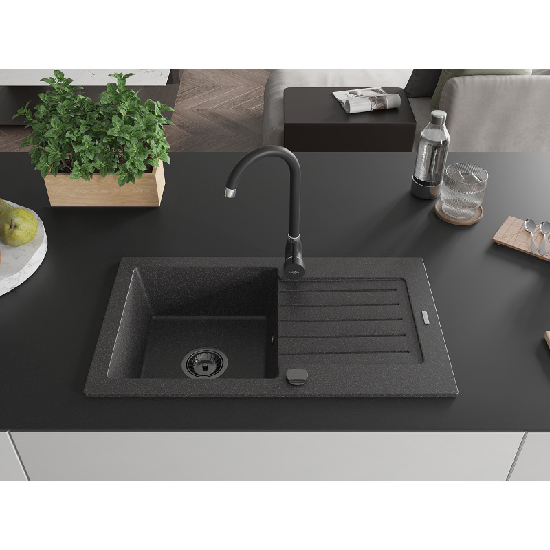 Mexen Pablo évier en granit 1 bac avec égouttoir 752 x 436 mm, noir moucheté, siphon noir - 6510751010-76-B