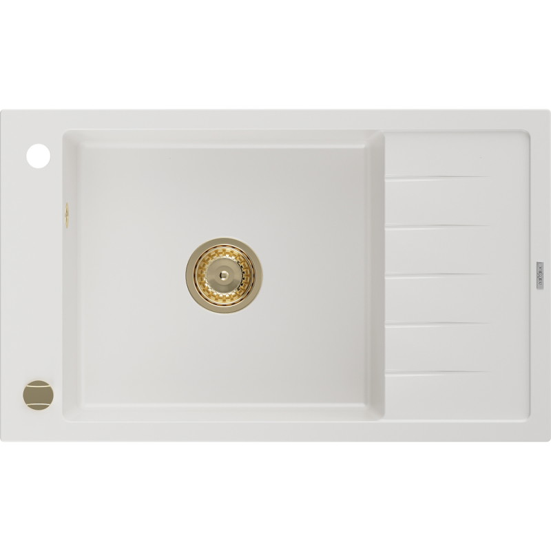 Mexen Elias évier granitique 1 bac avec égouttoir 795 x 480 mm, blanc, siphon doré - 6511791005-20-G