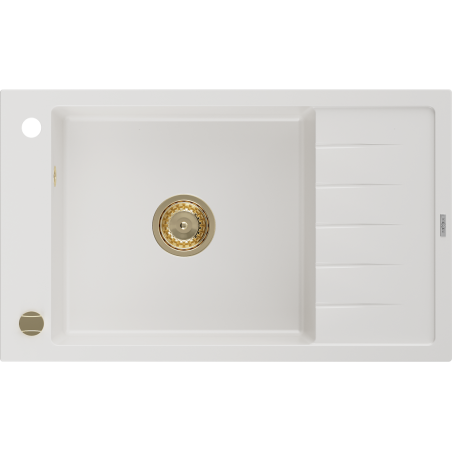 Mexen Elias évier granitique 1 bac avec égouttoir 795 x 480 mm, blanc, siphon doré - 6511791005-20-G