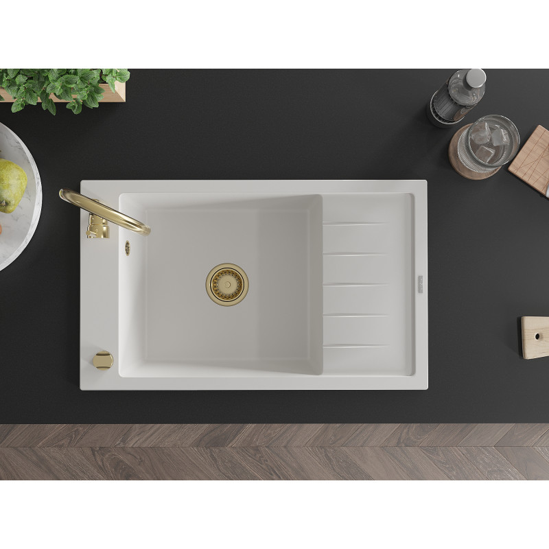 Mexen Elias évier en granit 1 bac avec égouttoir 795 x 480 mm, blanc, siphon doré - 6511791005-20-G
