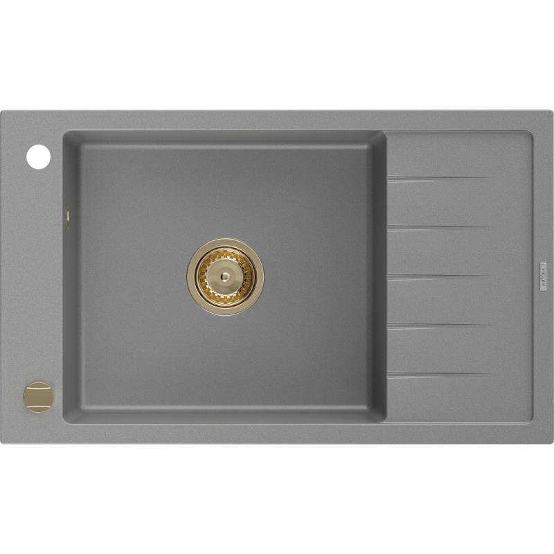 Mexen Elias évier en granit à 1 bac avec égouttoir 795 x 480 mm, gris, siphon doré - 6511791005-71-G