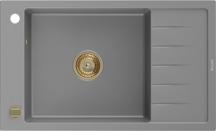 Mexen Elias évier en granit à 1 bac avec égouttoir 795 x 480 mm, gris, siphon doré - 6511791005-71-G