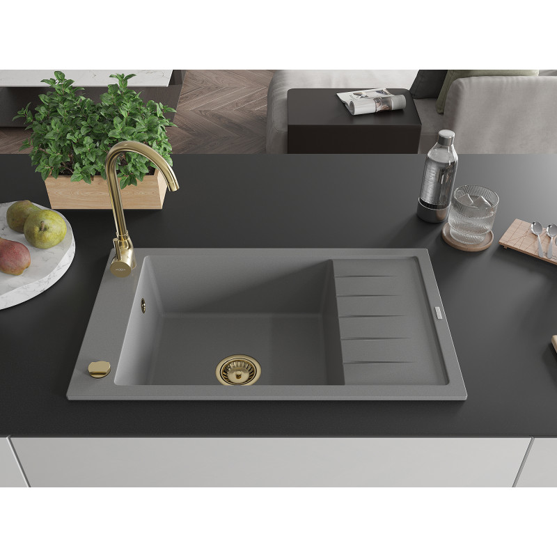 Mexen Elias évier en granit à 1 bac avec égouttoir 795 x 480 mm, gris, siphon doré - 6511791005-71-G