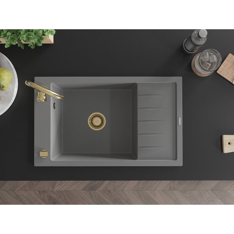 Mexen Elias évier en granit 1 bac avec égouttoir 795 x 480 mm, gris, siphon doré - 6511791005-71-G
