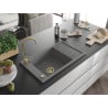 Mexen Elias évier en granit 1 bac avec égouttoir 795 x 480 mm, gris, siphon doré - 6511791005-71-G