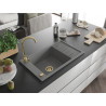 Mexen Elias évier en granit à 1 bac avec égouttoir 795 x 480 mm, gris, siphon doré - 6511791005-71-G