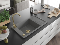 Mexen Elias évier en granit à 1 cuve avec égouttoir 795 x 480 mm, Gris, siphon Or - 6511791005-71-G