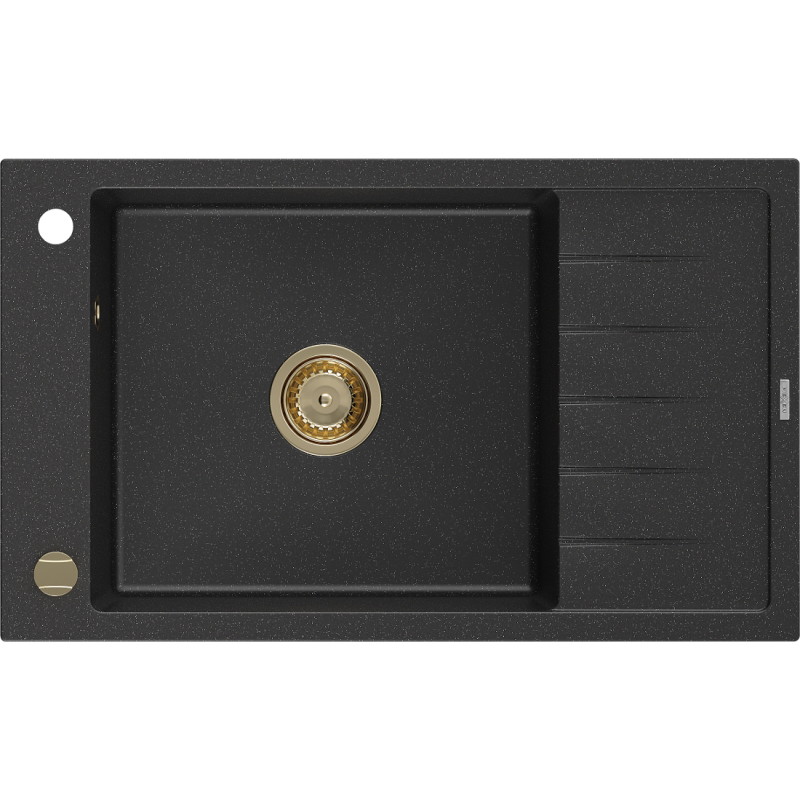 Mexen Elias évier en granit 1 bac avec égouttoir 795 x 480 mm, noir/argent métallique, siphon doré - 6511791005-73-G