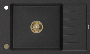 Mexen Elias évier en granit à 1 cuve avec égouttoir 795 x 480 mm, Noir/ Argent métallique, siphon Or - 6511791005-73-G