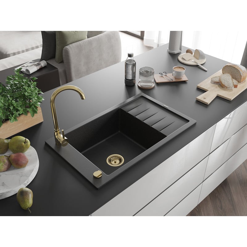 Mexen Elias évier en granit 1 cuve avec égouttoir 795 x 480 mm, noir/argent métallisé, siphon doré - 6511791005-73-G