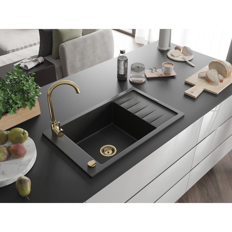 Mexen Elias évier granitique à 1 cuve avec égouttoir 795 x 480 mm, noir/argent métallisé, siphon doré - 6511791005-73-G