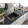 Mexen Elias évier en granit 1 cuve avec égouttoir 795 x 480 mm, noir/argent métallisé, siphon doré - 6511791005-73-G