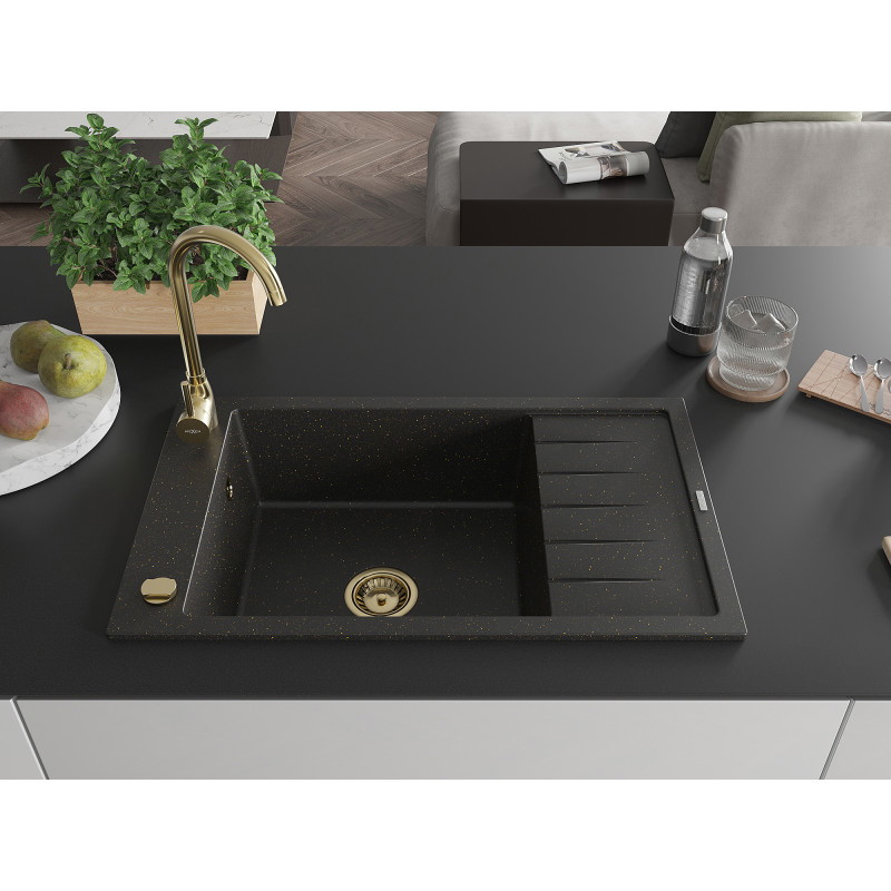 Mexen Elias évier en granit à 1 bac avec égouttoir 795 x 480 mm, noir/métallisé doré, siphon doré - 6511791005-75-G