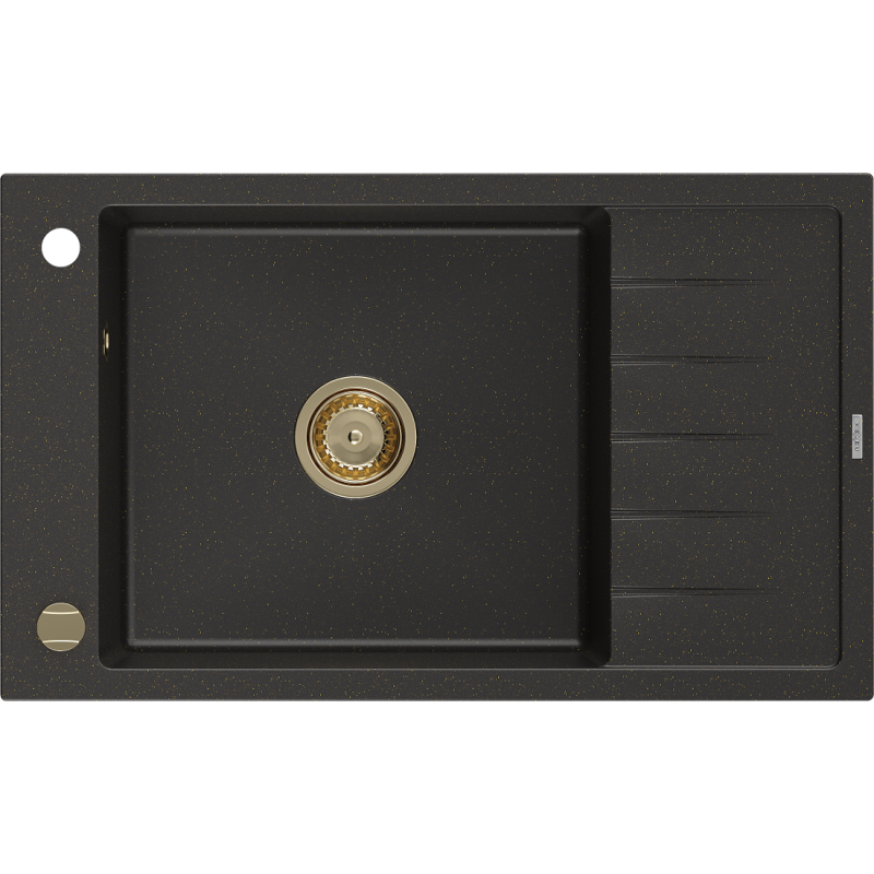 Mexen Elias évier en granit 1 bac avec égouttoir 795 x 480 mm, noir/doré métallisé, siphon doré - 6511791005-75-G