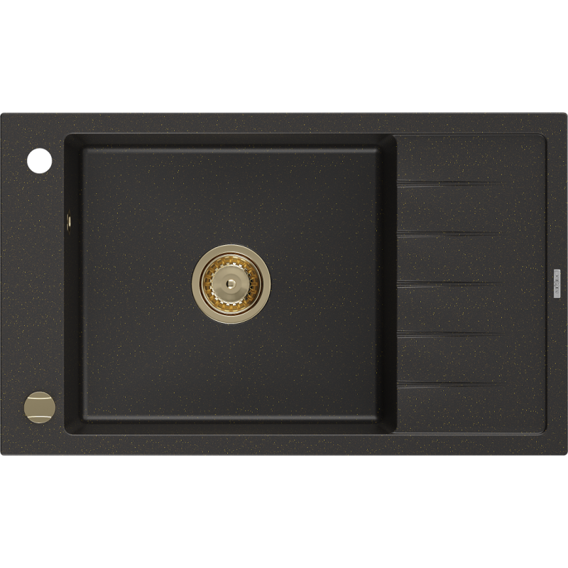 Mexen Elias évier en granit à 1 cuve avec égouttoir 795 x 480 mm, Noir/Or métallique, siphon Or - 6511791005-75-G