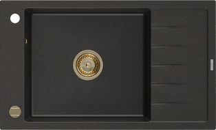 Mexen Elias évier en granit à 1 cuve avec égouttoir 795 x 480 mm, Noir/Or métallique, siphon Or - 6511791005-75-G