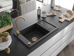 Mexen Elias évier en granit à 1 cuve avec égouttoir 795 x 480 mm, Noir/Or métallique, siphon Or - 6511791005-75-G