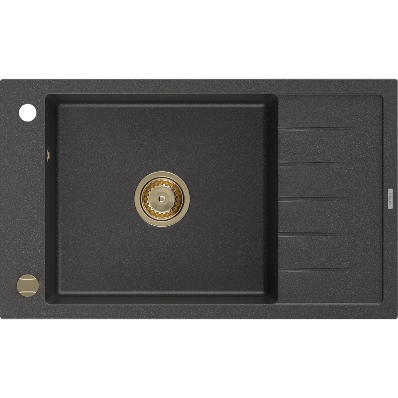 Mexen Elias évier en granit à 1 bac avec égouttoir 795 x 480 mm, noir moucheté, siphon doré - 6511791005-76-G