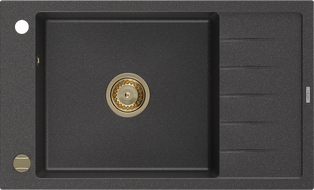 Mexen Elias évier en granit à 1 cuve avec égouttoir 795 x 480 mm, Noir moucheté, siphon Or - 6511791005-76-G